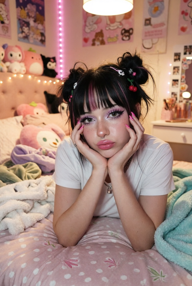 show me lying on stomach on bed, chin on hands, looking at camera