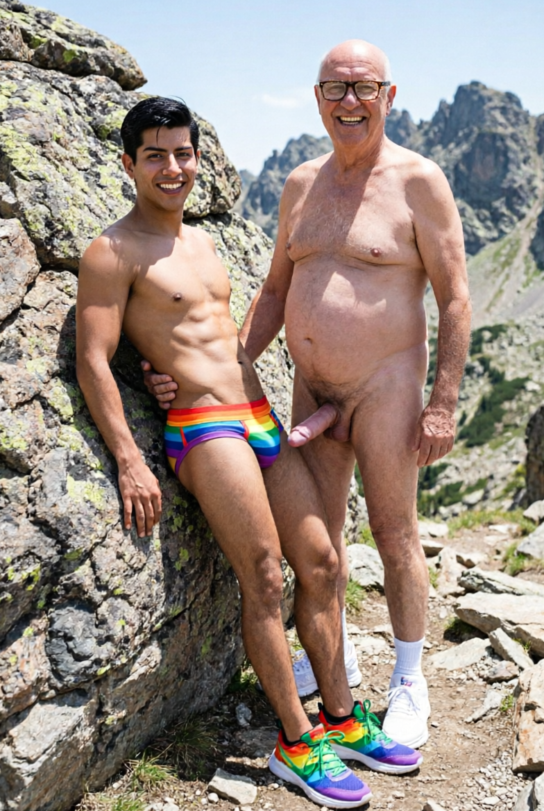show me pablo naked wearing a rainbow jockstrap and rainbow trainers in the mountains leaning his stomach against a large rock and getting fucked in the ass from close behind by a tall old naked bald man with a belly and glasses, old man has erect penis and white trainers. old man's hands are on your ass. you both look at camera and smile
