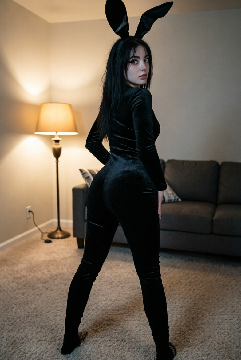 wearing a tight black bunny suit, velvet texture, bunny ears, playful, view from behind, provocative pose, detailed