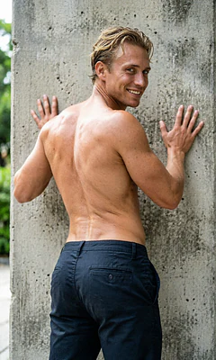 show me you hands against the pillar behind you, back and ass showing to the camera. you look back over your shoulder and smile at the camera.