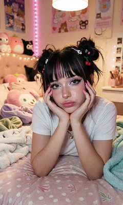 show me lying on stomach on bed, chin on hands, looking at camera