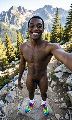 show me you naked erect penis hiking in the mountains taking a selfie. you have rainbow coloured trainers on and white socks. angle is from phone we cannot see phone. you smile for camera