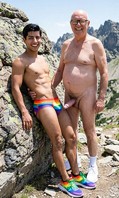 show me pablo naked wearing a rainbow jockstrap and rainbow trainers in the mountains leaning his stomach against a large rock and getting fucked in the ass from close behind by a tall old naked bald man with a belly and glasses, old man has erect penis and white trainers. old man's hands are on your ass. you both look at camera and smile